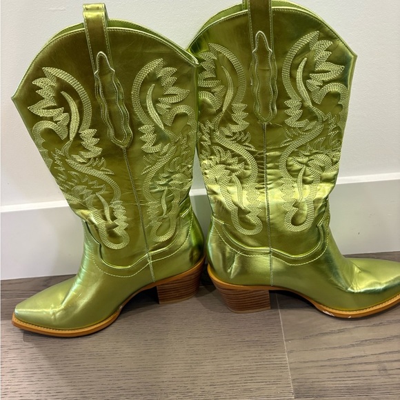 Green Metallic Cowgirl Western Cowboy Chunky Heeled Boots Size 8 - Picture 9 of 12